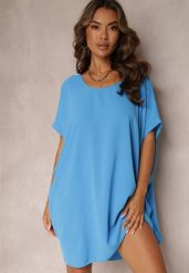 Niebieska Sukienka Mini o Fasonie Nietoperza z Okrągłym Dekoltem Maglia. Niebieskie sukienki damskie Renee, bez wzorów, bez kołnierzyka, bez ramiączek, mini. Za 44.99 zł.