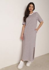 Biało-Czerwona Pudełkowa Sukienka z Bawełny w Poziome Paski Diove. Białe sukienki damskie Born2be, do pracy, l, bez wzorów, z bawełny, biznesowe, bez kołnierzyka, bez ramiączek, maxi, proste. Za 89.99 zł.