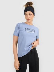 4F T-shirt regular z nadrukiem damski - niebieski M. Niebieskie t-shirty damskie 4F, l, bez wzorów, z bawełny, bez kołnierzyka, bez ramiączek. Za 59.99 zł.