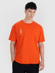 4F T-shirt oversize z nadrukiem męski - pomarańczowy L. Brązowe t-shirty męskie 4F, l, bez wzorów, z bawełny, bez kołnierzyka, bez ramiączek. W wyprzedaży za 39.99 zł.