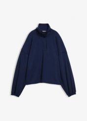 Bluza oversize z dzianiny typu scuba. Niebieskie bluzy damskie bonprix, bez wzorów, z dzianiny, bez ramiączek, bez kaptura. Za 59.99 zł.