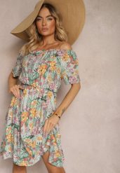 Niebiesko-Pomarańczowa Sukienka z Bawełny w Kwiatowy Print Dimizama. Niebieskie sukienki damskie Renee, na co dzień, l, bez wzorów, z bawełny, eleganckie, bez kołnierzyka, bez ramiączek, mini, kopertowe. Za 39.99 zł.