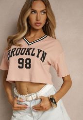 Ciemnoróżowy T-shirt z Bawełny Ozdobiony Napisem Lireline. Czerwone t-shirty damskie Renee, m, bez wzorów, z bawełny, eleganckie, bez kołnierzyka, bez ramiączek. Za 34.99 zł.