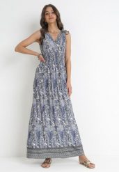 Niebiesko-Granatowa Sukienka Maxi z Gumkami w Pasie z Wiskozy Paisley Emblyn. Niebieskie sukienki damskie Born2be, na lato, l, bez wzorów, z tkaniny, bez kołnierzyka, bez ramiączek, maxi. Za 49.99 zł.