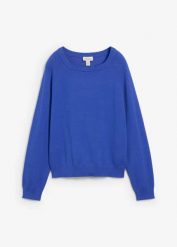 Sweter dzianinowy. Niebieskie swetry nierozpinane damskie bonprix, bez wzorów, z bawełny, bez kołnierzyka, bez ramiączek. Za 84.99 zł.