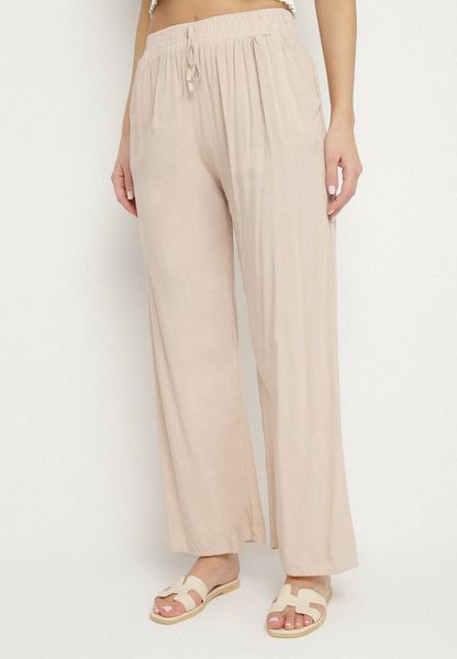 Beżowe Wiskozowe Szerokie Spodnie z Wysokim Stanem Ozdobione Wiązaniem Lisozi. Brązowe spodnie materiałowe damskie Born2be, bez wzorów, z jeansu, eleganckie, z podwyższonym stanem. Za 39.99 zł.