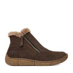 Botki Rieker. Brązowe botki damskie Rieker, bez wzorów, bez obcasa, na płaskiej podeszwie, bez zapięcia. Za 379.99 zł.