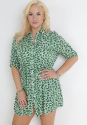 Zielona Koszulowa Sukienka Mini w Kwiaty z Materiałowym Paskiem i Podpinanymi Rękawami Isamone. Zielone sukienki damskie Born2be, na lato, l, bez wzorów, z materiału, bez kołnierzyka, plus size, bez ramiączek, mini, koszulowe. Za 69.99 zł.