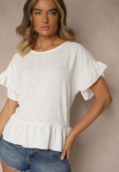 Biała Bluzka Oversize Ozdobiona Falbanami Liriele. Białe bluzki damskie Renee, bez wzorów, z jeansu, bez kołnierzyka, bez ramiączek. Za 44.99 zł.