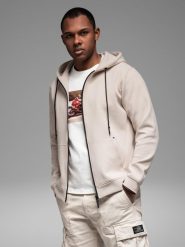 Dresowa rozpinana bluza hoodie w stylu streetwearowym – piaskowa V6 OM-SSZP-0213 - XXL. Bluzy męskie Ombre Clothing, l, bez wzorów, z bawełny, bez kaptura. Za 161.99 zł.