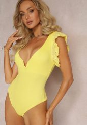 Żółte Body z Wycięciem i Falbankami z Haftem Eshawn. Żółte body Renee, bez wzorów, z tkaniny. Za 54.99 zł.