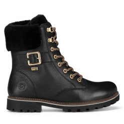 Botki Remonte. Czarne botki damskie Remonte, bez wzorów, bez obcasa, na płaskiej podeszwie, bez zapięcia. Za 370.99 zł.