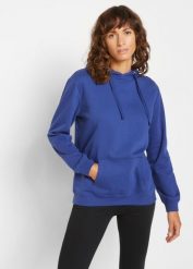 Bluza z kapturem, z miękkiego materiału frotte. Fioletowe bluzy damskie bonprix, bez wzorów, sportowe, bez ramiączek, z kapturem. Za 84.99 zł.