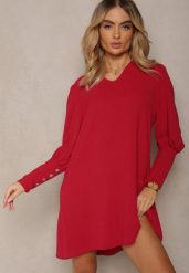 Bordowa Pudełkowa Sukienka z Rozkloszowanym Dołem i Bufiastymi Rękawami Kaimana. Czerwone sukienki damskie Renee, na imprezę, bez wzorów, eleganckie, bez kołnierzyka, bez ramiączek, mini, rozkloszowane. Za 69.99 zł.