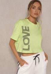 Zielony T-shirt z Bawełny o Krótkim Kroju Ozdobiony Napisem Sannovia. Zielone t-shirty damskie Renee, m, bez wzorów, z bawełny, klasyczne, bez kołnierzyka, bez ramiączek. Za 39.99 zł.