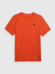 4F Koszulka treningowa regular szybkoschnąca męska - pomarańczowa M. Brązowe t-shirty męskie 4F, m, bez wzorów, z materiału, bez kołnierzyka, bez ramiączek. Za 129.99 zł.