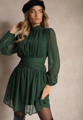 Zielona Rozkloszowana Sukienka z Półprzeźroczystymi Wstawkami i Stójką Gelabine. Zielone sukienki damskie Renee, na co dzień, l, bez wzorów, eleganckie, bez kołnierzyka, bez ramiączek, mini, proste. Za 119.99 zł.