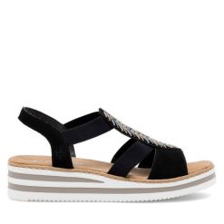 Sandały Rieker. Czarne sandały damskie Rieker, bez wzorów, bez obcasa, na koturnie, bez zapięcia. Za 319.99 zł.