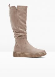 Kozaki Jana, wygodna szerokość. Brązowe kozaki damskie bonprix, bez wzorów, bez obcasa, bez zapięcia. Za 299.99 zł.