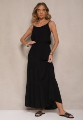 Czarna Rozkloszowana Sukienka z Wiskozy na Ramiączkach Flesira. Czarne sukienki damskie Renee, na co dzień, na lato, l, bez wzorów, z wiskozy, eleganckie, bez kołnierzyka, bez ramiączek, maxi, dopasowane. Za 74.99 zł.