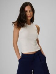 4F Top slim z prążkowanej dzianiny damski - kremowy L. Brązowe topy damskie 4F, l, bez wzorów, z bawełny, bez kołnierzyka, bez ramiączek. Za 49.99 zł.