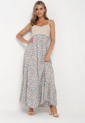 Niebiesko-Zielona Rozkloszowana Sukienka Maxi z Wiskozy w Kwiatowy Print i z Szydełkowym Wzorem Adviana. Niebieskie sukienki damskie Born2be, m, bez wzorów, z wiskozy, bez kołnierzyka, bez ramiączek, maxi, rozkloszowane. Za 54.99 zł.