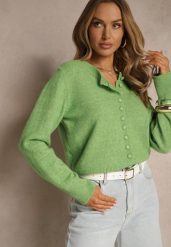 Jasnozielony Rozpinany Kardigan z Wełną Kornelira. Zielone kardigany damskie Renee, bez wzorów, z jeansu, eleganckie, bez kołnierzyka. Za 139.99 zł.