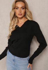 Czarny Sweter z Dekoltem w Serek i Ozdobnymi Guzikami Jara. Czarne swetry nierozpinane damskie Renee, m, bez wzorów, casualowe, bez kołnierzyka, bez ramiączek. Za 74.99 zł.