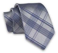 Szaro-Granatowy Elegancki, Męski Krawat -ALTIES- 7cm, Stylowy, Klasyczny, w Kratkę. Niebieskie krawaty i muchy Alties, bez wzorów, z tkaniny, eleganckie. Za 49.00 zł.