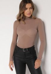 Brązowa Bluzka z Golfem Typu Longsleeve z Wiskozy z Kaszmirem Fedine. Brązowe bluzki damskie Born2be, s, bez wzorów, z jeansu, eleganckie, bez kołnierzyka, bez ramiączek. Za 89.99 zł.