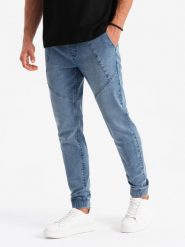 Męskie joggery jeansowe z asymetrycznymi przeszyciami niebieskie V2 OM-PADJ-0165 XL. Niebieskie spodnie sportowe męskie Ombre, m, bez wzorów, z jeansu. Za 287.44 zł.