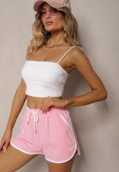 Różowe Szorty Dresowe z Dodatkiem Bawełny High Waist Wykończone Lamówką Mivorina. Czerwone szorty damskie Renee, bez wzorów, z bawełny, eleganckie, z podwyższonym stanem. Za 29.99 zł.