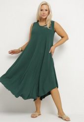 Ciemnozielona Rozkloszowana Sukienka z Bawełną Nairilo. Zielone sukienki damskie Born2be, na spacer, na lato, xl, bez wzorów, z bawełny, eleganckie, bez kołnierzyka, bez ramiączek, midi, rozkloszowane. Za 74.99 zł.