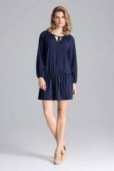 Luźna Granatowa Sukienka z Gumką na Biodrach. Czerwone sukienki damskie Figl, l, bez wzorów, z elastanu, wizytowe, bez kołnierzyka, bez ramiączek. Za 269.00 zł.