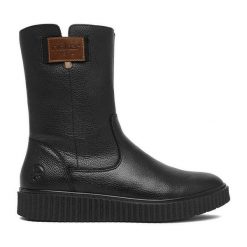 Botki Rieker. Czarne botki damskie Rieker, bez wzorów, bez obcasa, na płaskiej podeszwie, bez zapięcia. Za 429.99 zł.