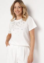 Biały T-shirt Bawełniany z Cyrkoniami na Przodzie Ikrada. Białe t-shirty damskie Born2be, m, bez wzorów, z bawełny, bez kołnierzyka, bez ramiączek. Za 129.99 zł.