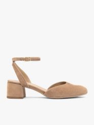 Jasnobrązowe czółenka slingback. Brązowe czółenka damskie Ryłko, bez wzorów, ze skóry, klasyczne, bez obcasa, na obcasie, bez zapięcia. Za 399.99 zł.