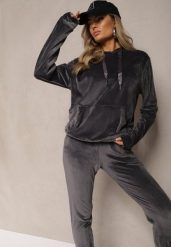 Ciemnoszary Komplet Dresowy z Dodatkiem Bawełny Spodnie z Gumką w Pasie Bluza z Kapturem Reseria. Szare bluzy damskie Renee, s, bez wzorów, z bawełny, klasyczne, bez ramiączek, z kapturem. Za 49.99 zł.