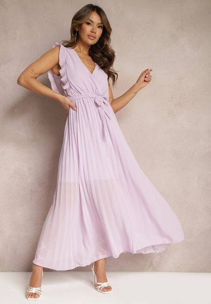 Jasnofioletowa Wiskozowa Sukienka Maxi z Plisowaniem o Rozkloszowanym Kroju i Kopertowym Dekolcie Fliceris. Fioletowe sukienki damskie Renee, l, bez wzorów, z wiskozy, bez kołnierzyka, bez ramiączek, maxi, kopertowe. Za 89.99 zł.