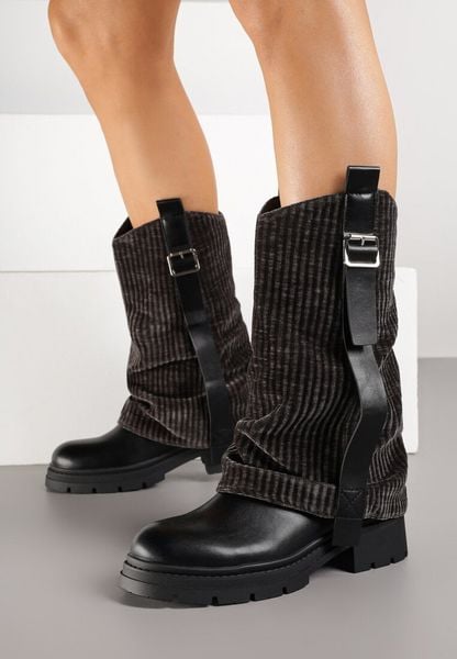 Czarne Botki z Wywiniętą Sztruksową cholewką i Paskiem Allmelia. Czarne botki damskie Born2be, bez wzorów, z jeansu, klasyczne, bez obcasa, na płaskiej podeszwie, bez zapięcia. Za 179.99 zł.