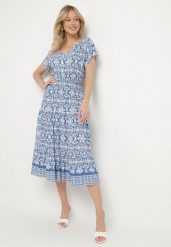 Niebieska Bawełniana Sukienka Rozkloszowana we Wzór Paisley Lanadira. Niebieskie sukienki damskie Born2be, l, bez wzorów, z bawełny, boho, bez kołnierzyka, bez ramiączek, midi, rozkloszowane. Za 39.99 zł.