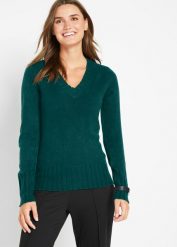 Sweter z dekoltem w serek. Zielone swetry nierozpinane damskie bonprix, bez wzorów, bez kołnierzyka, bez ramiączek. Za 62.99 zł.
