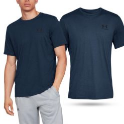 Koszulka fitness męska UNDER ARMOUR Sportstyle z krótkim rękawem. Niebieskie koszulki sportowe męskie Under Armour, m, bez wzorów, bez ramiączek, na fitness i siłownię. W wyprzedaży za 89.00 zł.