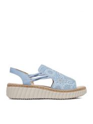 Rieker Sandały CEO-69246-10 Niebieski jasny. Niebieskie sandały damskie Rieker, bez wzorów, z materiału, bez obcasa, na koturnie, bez zapięcia. Za 339.99 zł.