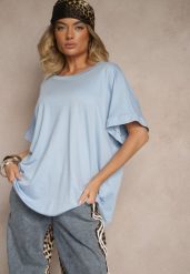 Niebieski T-shirt z Wiskozą o Fasonie Nietoperza Tanalitha. Niebieskie t-shirty damskie Renee, bez wzorów, z jeansu, bez kołnierzyka, bez ramiączek. Za 54.99 zł.