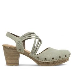 Sandały Rieker. Zielone sandały damskie Rieker, bez wzorów, bez obcasa, na słupku, bez zapięcia. Za 259.99 zł.