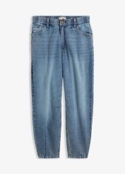 Jeansy typu barrel, cropped. Niebieskie jeansy damskie bonprix, bez wzorów, z jeansu, z podwyższonym stanem. Za 77.99 zł.
