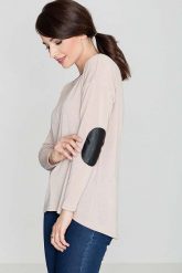 Beżowy Sweter z Łatami na Rękawach. Brązowe swetry nierozpinane damskie Katrus, l, bez wzorów, z elastanu, bez kołnierzyka, bez ramiączek. Za 179.00 zł.