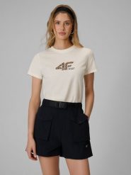 4F T-shirt regular z nadrukiem damski - biały L. Brązowe t-shirty damskie 4F, l, bez wzorów, z bawełny, bez kołnierzyka, bez ramiączek. Za 59.99 zł.