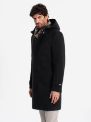 Długi monochromatyczny męski płaszcz z kapturem – czarny V3 OM-COWC-22FW-005 - XXL. Czarne płaszcze męskie Ombre Clothing, l, bez wzorów, z materiału, eleganckie, bez kołnierzyka, z kapturem. Za 329.99 zł.